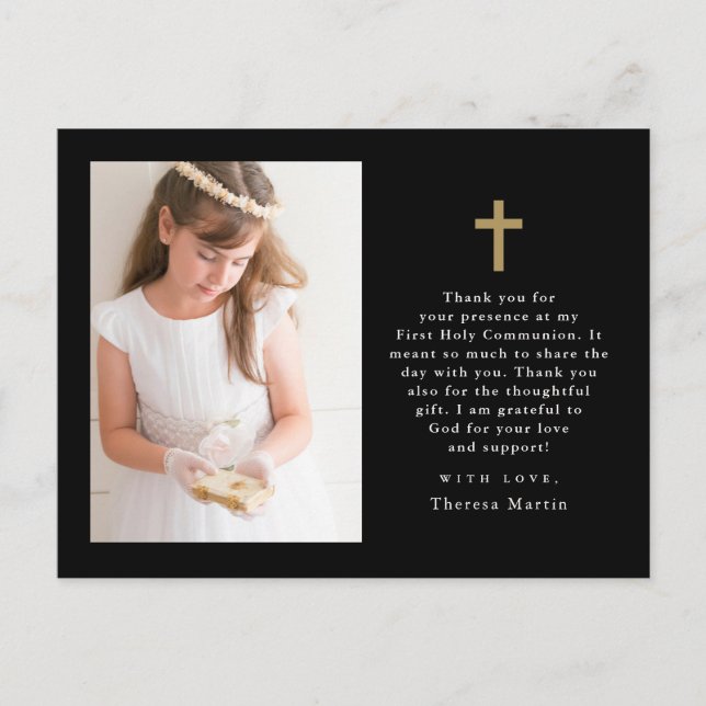 Two Photo Cross First Communion Thank You Black Postcard (Front)