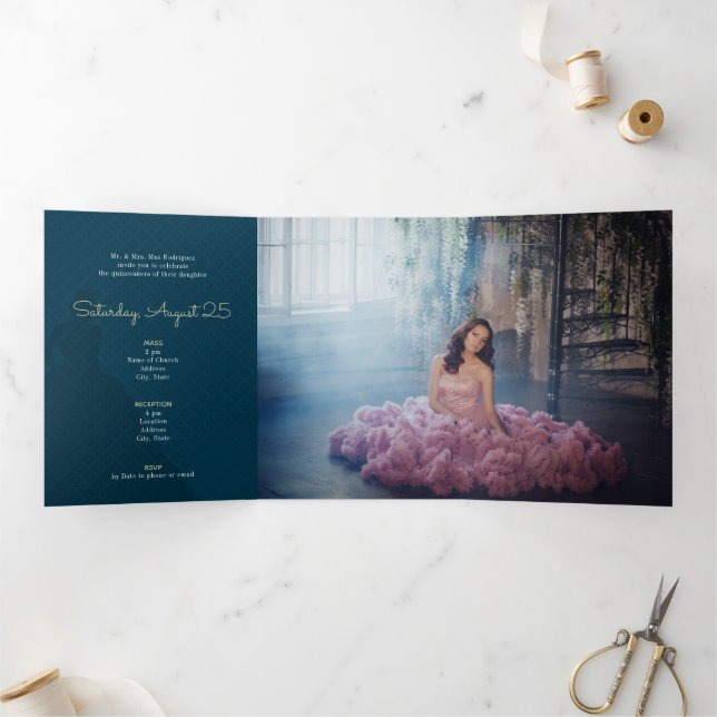 Two Photo Crowned Silhouette with Moon Quinceanera Tri-Fold Invitation (Inside)