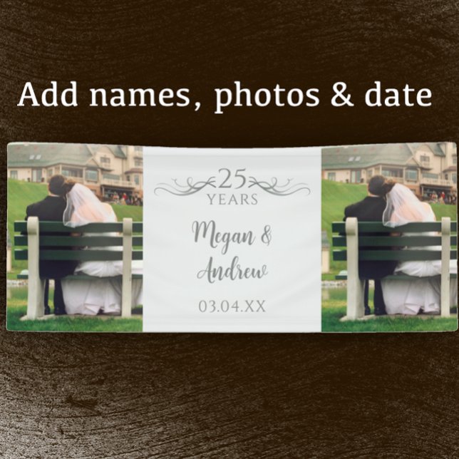Two Photo Custom Script 25th Wedding Anniversary Banner (Customize this banner template by adding couple’s names two photos and 25th wedding anniversary date)