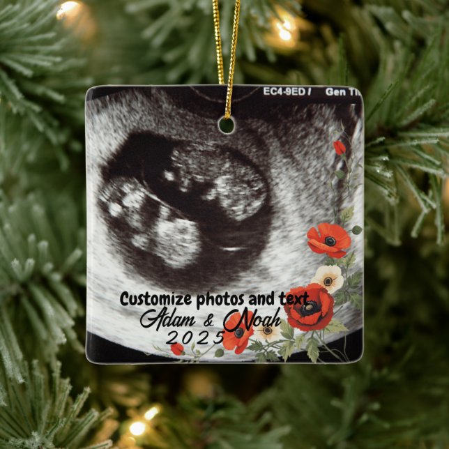 Two Photo Custom Text Red Poppies Free Palestine Ceramic Ornament (Tree)