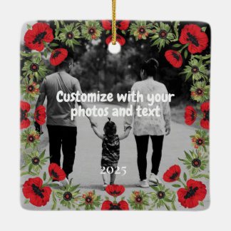 Two Photo Custom Text Red Poppies Free Palestine Ceramic Ornament