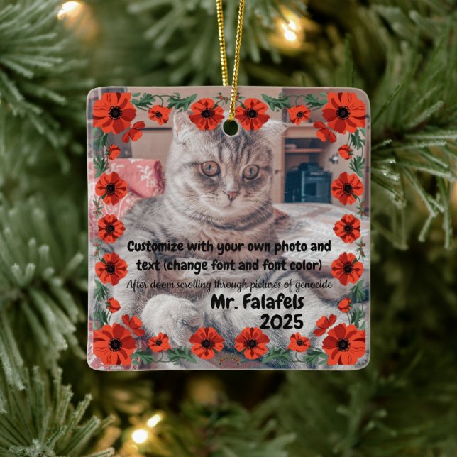 Two Photo Custom Text Red Poppies Free Palestine Ceramic Ornament (Tree)
