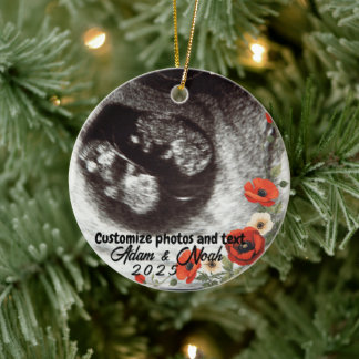 Two Photo Custom Text Red Poppies Free Palestine Ceramic Ornament