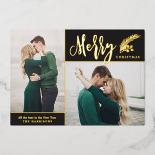 Two Photo Elegant Christmas Black Foil Holiday Card