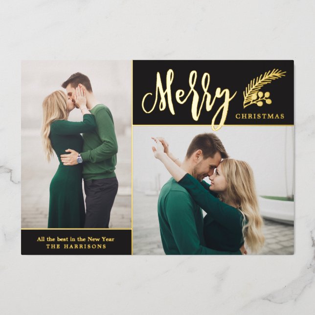 Two Photo Elegant Christmas | Black Foil Holiday Card (Front)