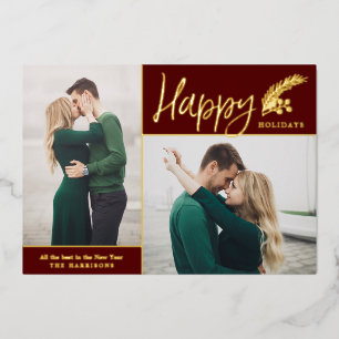 Two Photo Elegant Happy Holidays   Burgundy Foil Holiday Card