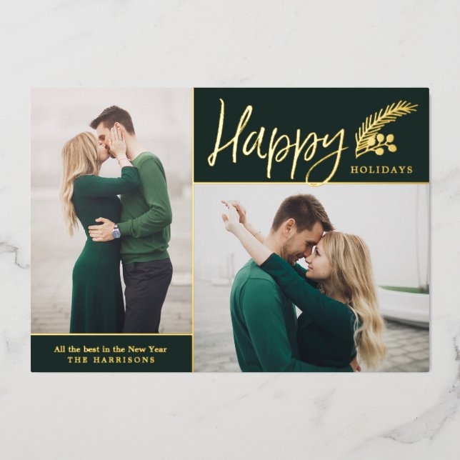 Two Photo Elegant Happy Holidays | Green Foil Holiday Card (Front)