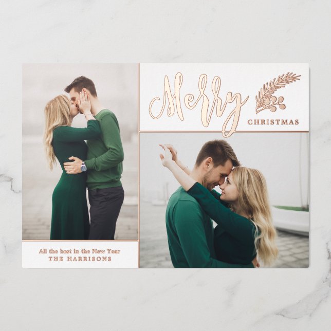 Two Photo Elegant Merry Christmas | White  Foil Holiday Card (Front)