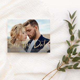 Two Photo   Faux Gold Modern Script Save the Date Announcement Postcard