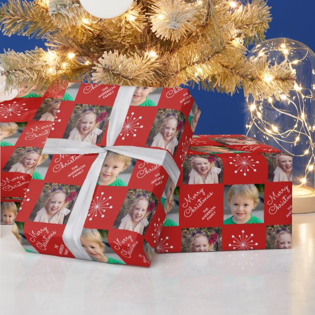 Two Photo Frame Snowflake Red Merry Christmas Wrapping Paper (Holidays)