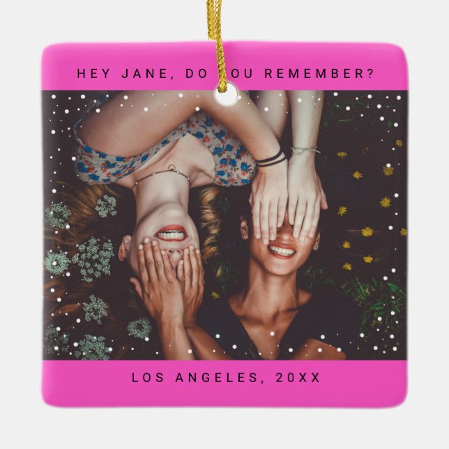 Two Photo Friend Minimalist Holiday Keepsake Ceramic Ornament (Front)