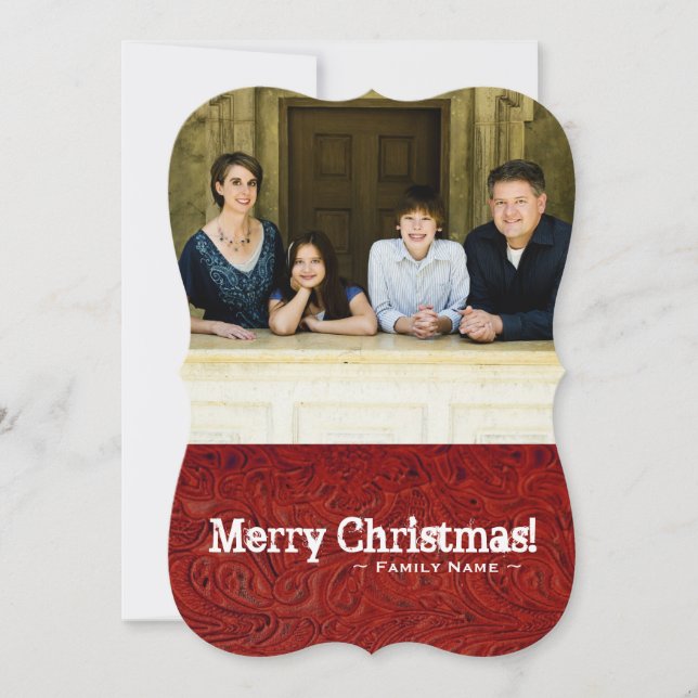 Two Photo Front Back Red Leather Look Holiday Card (Front)