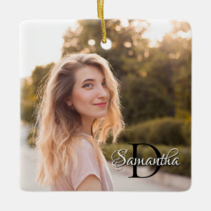 Two Photo Girly Chic Monogram Ceramic Ornament