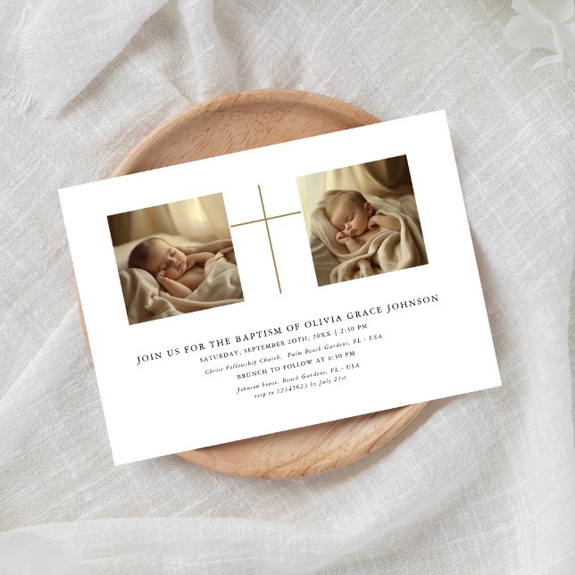 Two Photo Gold Gender Neutral Black White baptism Invitation (Creator Uploaded)