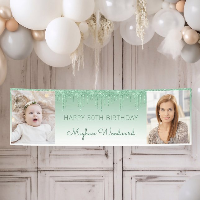 Two Photo Green Dripping Glitter 30th Birthday Banner (Creator Uploaded)