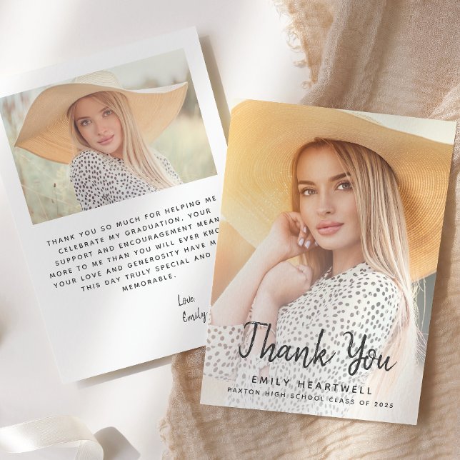 Two-Photo Grey Script Graduation Thank You Card (Creator Uploaded)