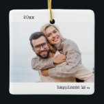 Two Photo Happiness is Being Married Minimalist Ceramic Ornament<br><div class="desc">Minimalist ornament with your custom photos and modern typewriter style typography. The design is double-sided and the template is set up ready for you to add your full size photos to the front and back. The year and the wording are fully editable - sample wording reads "happiness is being married"....</div>