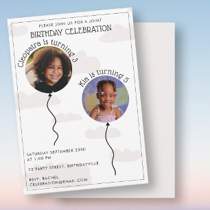 Two Photo Joint Birthday Balloons Clouds Invitation