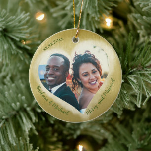 Two Photo Merry & Married Date Heart Ceramic Ornament