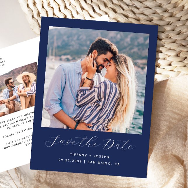 Two Photo Minimalist Navy Blue Save the Date Postcard (Creator Uploaded)