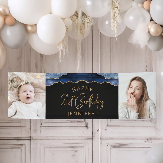 Two Photo Navy Blue Gold Agate 21st Birthday Banner (Creator Uploaded)
