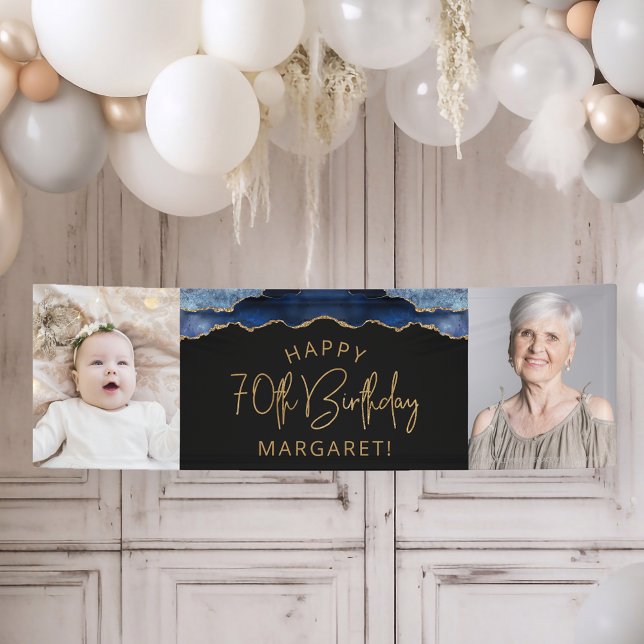 Two Photo Navy Blue Gold Agate 70th Birthday Banner (Creator Uploaded)