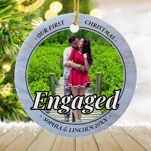 Two Photo Our First Christmas Engaged Faux Marble Ceramic Ornament
