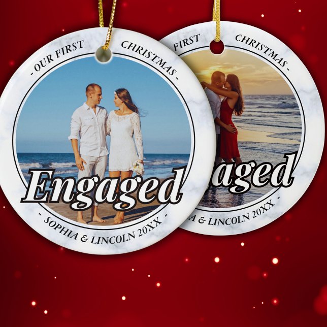 Two Photo Our First Christmas Engaged Faux Marble Ceramic Ornament (Creator Uploaded)