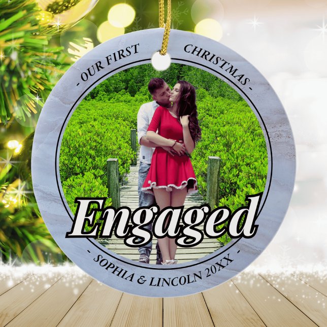 Two Photo Our First Christmas Engaged Faux Marble Ceramic Ornament (Creator Uploaded)