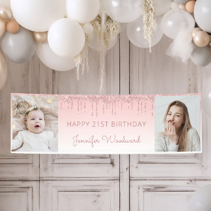 Two Photo Pink Dripping Glitter 21st Birthday Banner