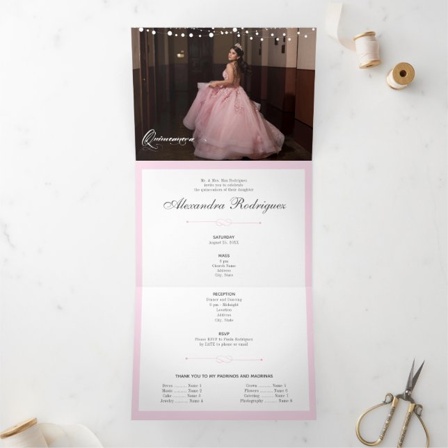 Two Photo Pink Silhouette with Moon Quinceanera Tri-Fold Invitation (Inside)