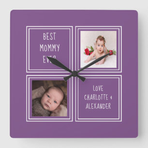 Two Photo Purple Template Square Wall Clock