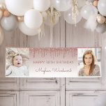 Two Photo Rose Gold Dripping Glitter 30th Birthday Banner<br><div class="desc">Welcome guests with this chic, glamourous 30th birthday party photo banner, featuring a sparkly rose gold faux glitter drip border and rose gold ombre background. Easily replace the two sample images with photos of the guest of honour. Personalise it with her name in dark rose handwriting script beneath the words...</div>