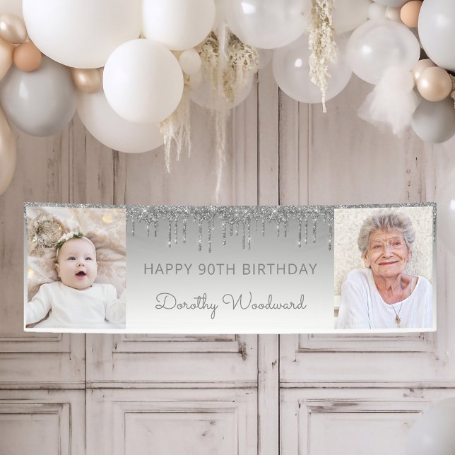 Two Photo Silver Dripping Glitter 90th Birthday Banner (Creator Uploaded)