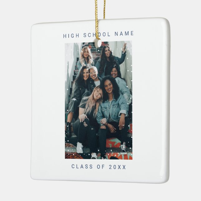 Two Photo Turquoise blue Snowfall School College Ceramic Ornament (Left)