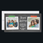 Two Photo Washi Tape Chalkboard Holiday Photo Card<br><div class="desc">This trendy and budget friendly Christmas holiday card features two of your favourite photos in style frames with patterned washi tape in cheerful red and green against a chalkboard background. Don't forget to personalise with your own photo captions, message text and family name! Photography by Shanna Russell Photography, San Antonio...</div>