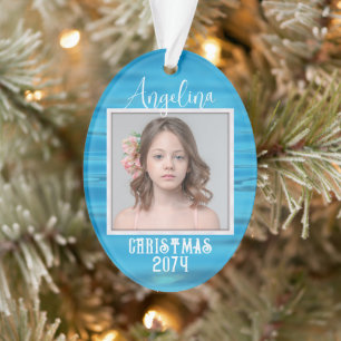 Two Photo Water Background Oval Christmas Ornament