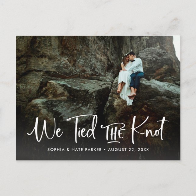 Two Photo | We Tied the Knot Handwritten Script Announcement Postcard (Front)