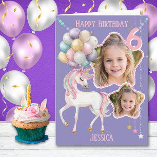 Two Photo Whimsical  Unicorn 6th Birthday Card