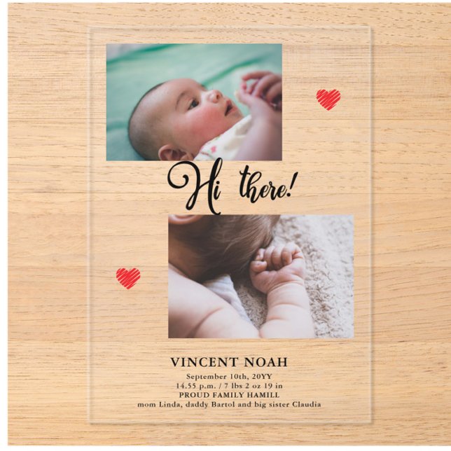 Two Photos Boy Birth Announcement Acrylic Card (Creator Uploaded)