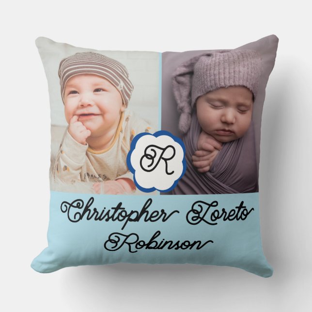 Two Photos & Complete name & Monogram Baby boy Cushion (Front)