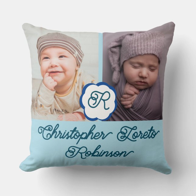Two Photos & Complete name & Monogram Baby boy Thr Cushion (Front)