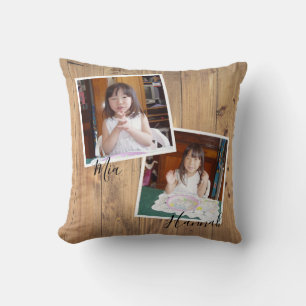 Two Photos Happy Father's Day on Rustic Wood Cushion