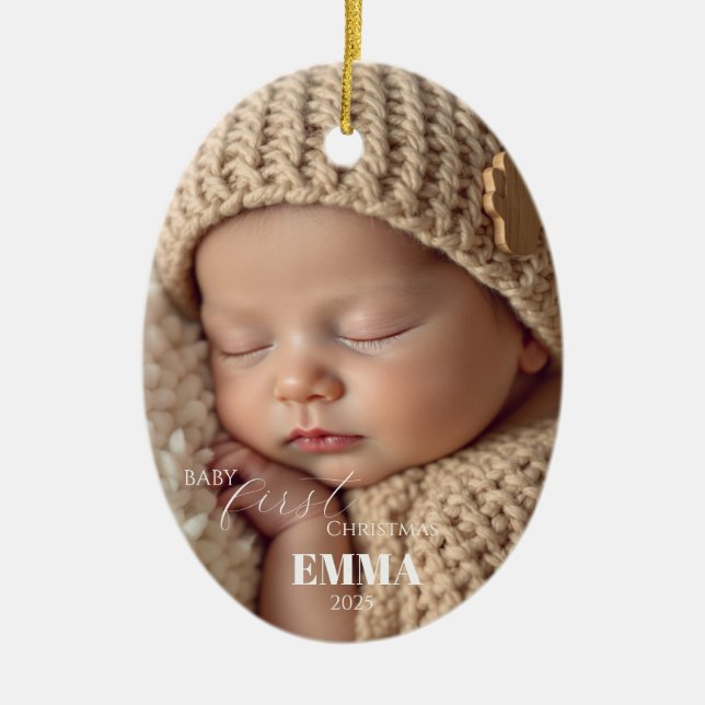 Two Photos Minimalist Baby First Christmas Ceramic Ornament (Front)