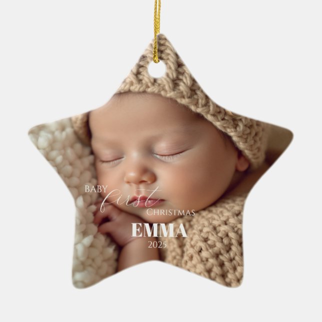 Two Photos Minimalist Baby First Christmas Ceramic Ornament (Front)