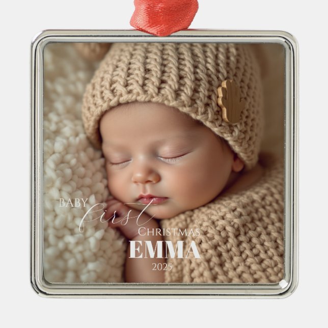 Two Photos Minimalist Baby First Christmas Metal Ornament (Front)