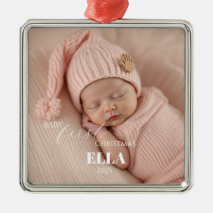 Two Photos Minimalist Pink Baby First Christmas Metal Ornament