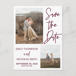 Two Picture Save The Date Postcard in Burgundy