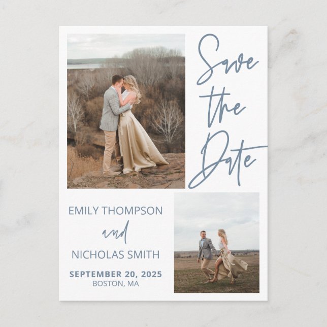 Two Picture Save The Date Postcard in Dusty Blue (Front)