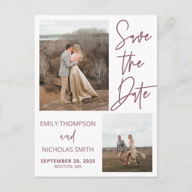 Two Picture Save The Date Postcard in Dusty Rose (Front)